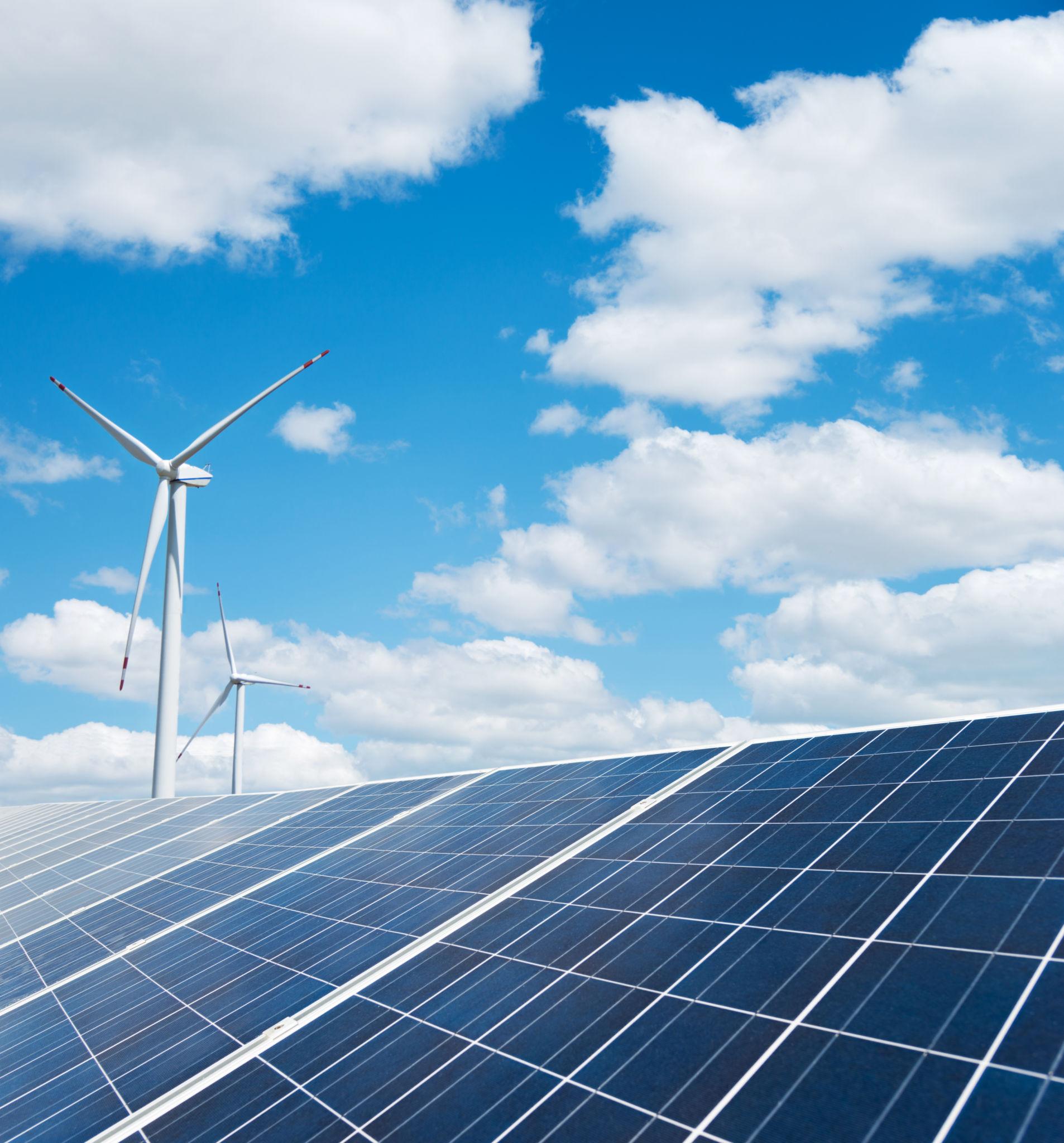 Wind turbines and solar panels.